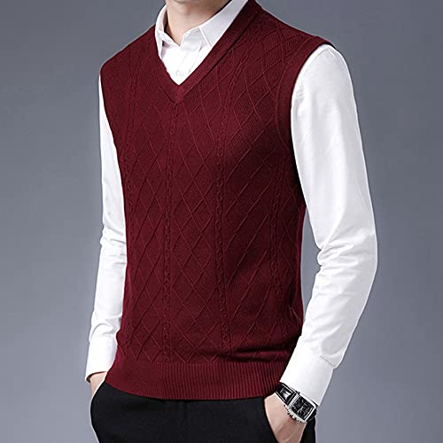 Suéter de tricô masculino mistura de lã gola V sem mangas Jumpers Gilets Rhombus e Twist Cable, Vinh