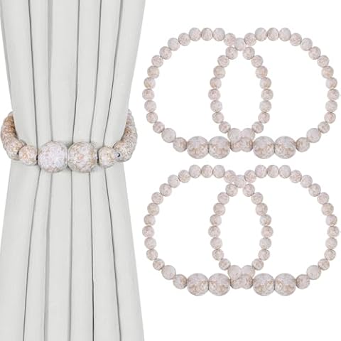 Magnetic Curtain Tiebacks, 4 Pack Curtain Holdbacks for Draperies, Wood Bead Curtain Tiebacks, Elegant Curtain Tie Backs for Bedroom Decor, Boho Room Decor, Nursery Decor, Farmhouse Decor Cover