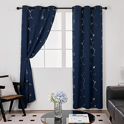 Deconovo Blackout Curtains, Navy Blue, 42X72 Inch, Silver Wave With Flower Leaf Foil Print Curtain, Light Reduction Solid Grommet Drapes For Bedroom, 2 Panels #TOP7