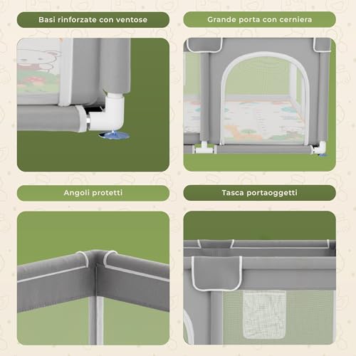 Quarta immagine JUPPLIES Box Bambini 120×120 cm – Recinto Gioco per Neonato 6-24 Mesi, Rete Traspirante 360°, Struttura Antiscivolo e Robusta, Facile da Montare (Grigio con Manici + Cestino + Tappeto)