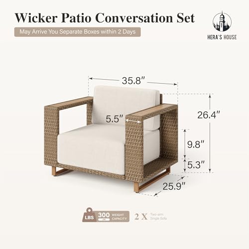 Image of HERA'S HOUSE Patio Wicker Chairs with 10 inch Thick Cushions, Outdoor Patio Furniture Set of 2, 2-Piece Yellow Rattan Conversation Set with 5.3 inch Widened Armrest, Low Profile Lawn Garden Deck Furniture