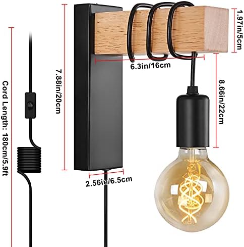 Farmhouse Plug in Wall Sconce, Black Wall Lamp for Bedroom Bedside Reading Loft Living Room Industrial Wood Wall Mounted Lights Fixture with On/Off Switch Lighting with Plug Cord(E27 Bulb Excluded)