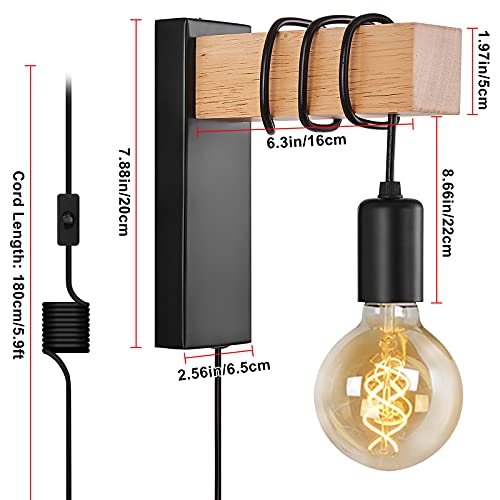 Farmhouse Plug In Wall Sconce, Black Wall Lamp For Bedroom Bedside Reading Living Room Industrial Wood Wall Mounted Lights Fixture With Switch Lighting With Plug Cord #TOP4
