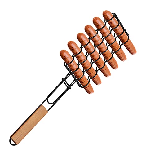 Relaxdays Parrilla Salchichas, Cesta Barbacoa Para 6 Unidades, Canasta Rejilla Chorizo, Pincho, Kebab, 4X11X54Cm, Negro