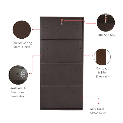 Image of 4 Door Wall Mounted Metal Shoe Rack Cabinet with Lock | Space Saving Shoe Storage Cabinet | Dustproof & Ventilated Shoe Organizer for Home, Entryway, Bedroom & Balcony | Brown | 52 x 21 x 6 Inch