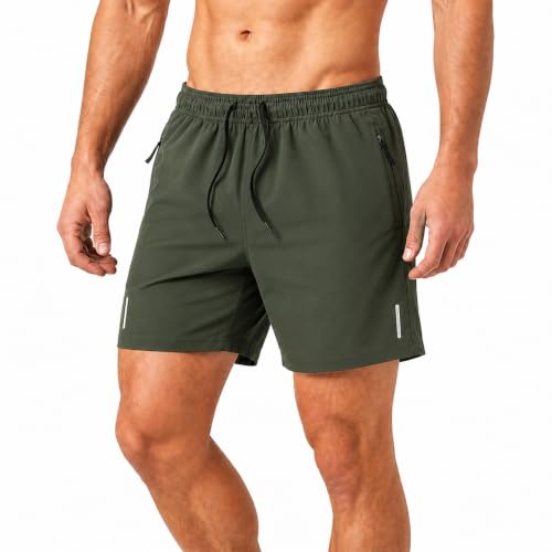 Image of NWDEY Mens Swimming Shorts Quick Dry Ice Silk Swim Trunks with Zip Pockets, Elastic Drawstring Waist, Reflective Strip Board Shorts for Summer Beach (UK, Alpha, M, Regular, Regular, Green)