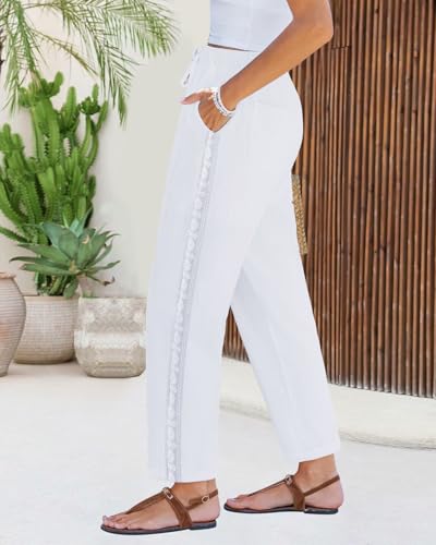PIDOGYM Women's Linen Capri Pants, Lightweight Casual Summer Pants with Drawstring Elastic Waist & Lace Side3