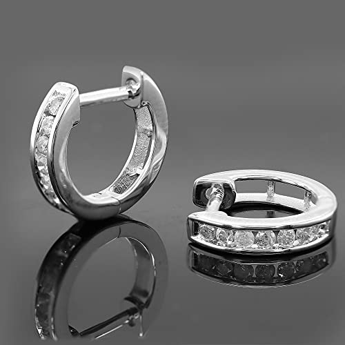 Poshadime Channel Diamond Huggie Hoop Earrings For Women Girls - 18K White Gold Over 925 Sterling Silver 1/4 Cttw Round Diamond Hoop Earrings Sensitive Ears (0.26 Carat, I-J Color, I2 Clarity) #TOP1
