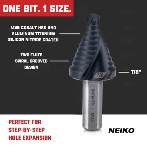 Image of NEIKO 10619B Step Drill Bit, 1 Step 7 /8 inch Spiral M35 Cobalt, AlTiSiN Coated, 3 /8 inch Tri-Flat Step Bits for Steel, Metal, Wood, Plastic, Unibit Cone Drill Bits, Two Flute