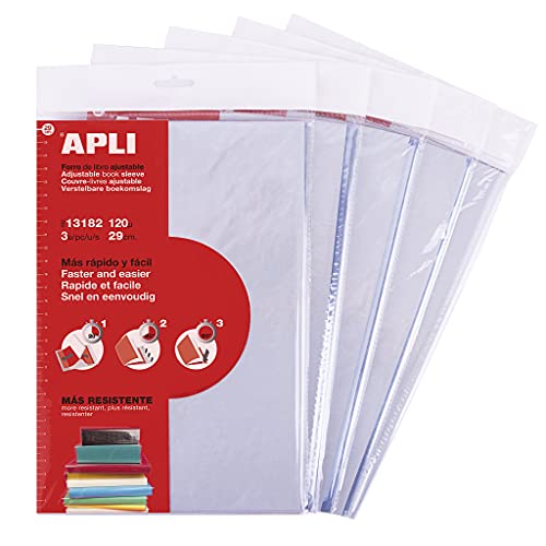 APLI 19012 - Forros de libros ajustables de PVC grueso ultraresistente | Tamaño 290 x 530 mm | 120 µ | Solapa autoadhesiva sin necesidad de tijeras ni cinta | Pack escolar de 15 unidades reutilizables