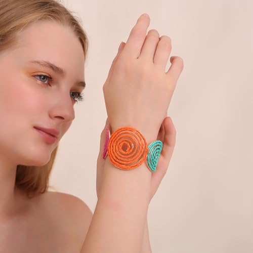Raffia Spiral Cuff Bracelet for Women, Colorful Swirl Bangle Chunky Bangle Handmade Rattan Statement Bracelet3