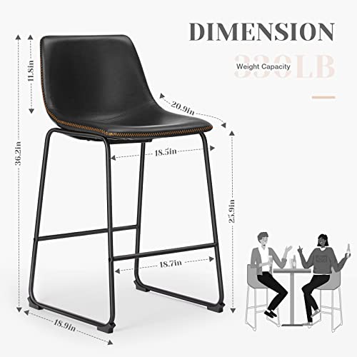 Bar Stools Set Of 2, Counter Height Bar Stools With Back, 26 Inch Armless Industrial Faux Leather Barstools With Metal Legs And Footrest, Modern Dining Chairs For Home Office Kitchen Island, Black #TOP2