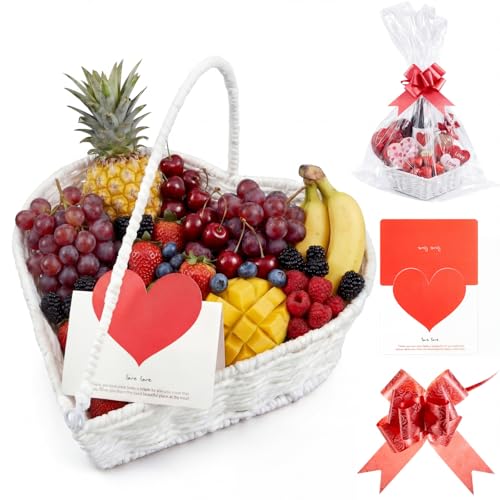 Qinyoung Small Heart Shaped Wicker Basket Set, Includes 10.6 x 9.8 x 2.7 Inches Woven Picnic Basket Empty with Handle, Clear Gift Bags, Card and Pull Bows for Mother's Day, Weddings, Birthdays(White)