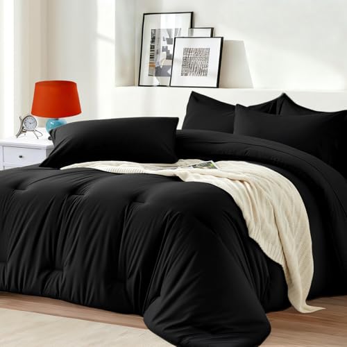 Easthome Queen Comforter Set 7 Piece - Black Soft Bed in a Bag Queen Size Comforter Sets, Lightweight Bedding Sets with Down Alternative Comforter, Flat Sheet, Fitted Sheet, 2 Pillowcases & 2 Shams