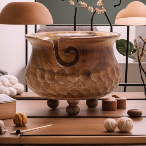 Image of Large Pot Yarn Bowl, 7 x 4 Inch Wooden Knitting Holder | Mango Wood, Holds 2 Yarn Skeins, 3-Leg Support, Tangle-Free, Smooth Finish, Pot Shape, Giftable