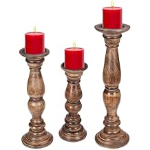 Pillar Candle Holders Set of 3 16",14" & 12" Height_Burnt Finish,Candle Holder in Mango Real Wood,Decorative Candle Holders for Table Centerpiece,Wedding, Party, Home Decor, Spa,Farmhouse, Gifting
