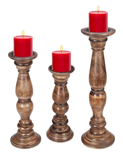 The Wooden Town Rustic Candle Holder Set of 3 – 10", 8", 6" – Burnt Finish Wooden Pillar Stands for Wedding, Party, Home Décor, Spa – Country Style Gift for Table Centerpiece