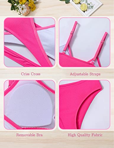 Aulyffo Girls Bathing Suit Size 11 12,Two Piece Bikini Criss Cross Swimsuit V-Neck Adjustable Shoulder Straps Girls' Swimwear Hot Pink #TOP6