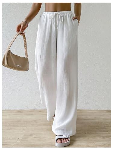 Women's Elastic Drawstring Waist Wide Leg Pants Loose Fit Sheer Cover Up Beach Pants Lounge with Pocket4