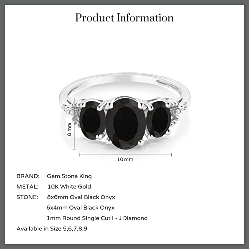 Gem Stone King 2.08 Cttw 10K White Gold Black Onyx and Diamond Accent 3-Stone Engagement Ring | Oval 8X6MM and 6X4MM | 3 Stone Wedding Anniversary Promise Ring For Women4