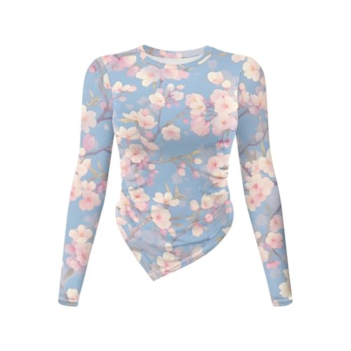 Xsehusvy Cherry Blossom Pattern Women’s Basic Tees Fashion Long Sleeve Crew Neck T-Shirts Stretchy Breathable Workout Tops Comfy Home Clothes