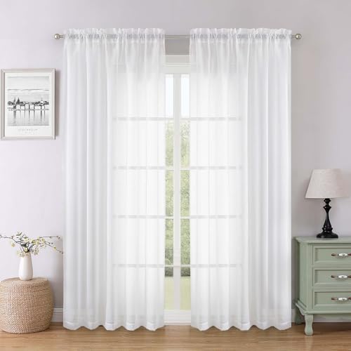 Lecloud White Sheer Curtains 78 Inches Long 2 Pcs, Elegant Window Treatments Light Filtering Living Room Curtains for Bedroom, Rod Pockets Voile Drapes for Dining Room, Each Panel 59" W x 78" L