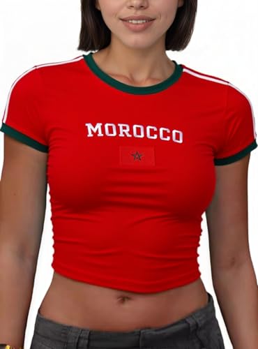 IDEWO Graphic Baby Tees for Women Jersey Short Sleeve Crop Tops Slim Fit T Shirt Vintage Summer Going Out Shirt (US, Alpha, Medium, Regular, Regular, Morocco)