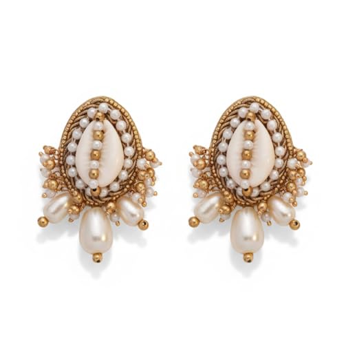 Image of SANJOYA by EVERSTYLISH Embroidered Earrings for Women | Shell, Beads & Pearl Drop Studs | Lightweight Ethnic & Festive Jewelry for Weddings, Parties & Special Occasions