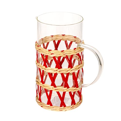 Image of Creative Co-Op Glass Pitcher with Woven Sleeve, Red and Natural