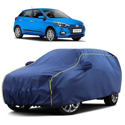 Image of Sulfar 100% Water Resistant Car Body Cover Compatible with Mirror for Hyundai Elite i20 (Triple Stitched, Full Bottom Elastic, Blue Taffeta with Yellow Piping)