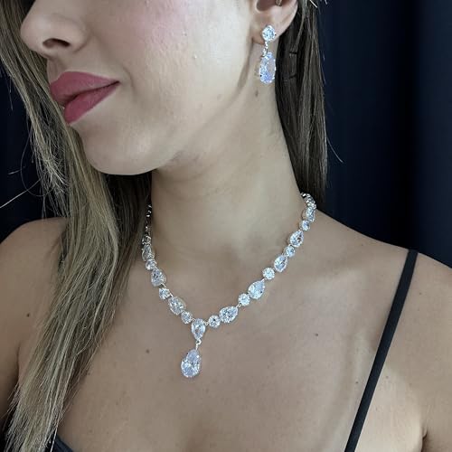 Bride Jewelry Set Silver Crystal Wedding Necklace Earrings Set - Bridal Rhinestone Brass Pendant Accessories for Women and Bridesmaids (Jewelry Set 05) by SHINELOOM JEWELRY - Image 2