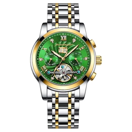 DAXIAOYU Men Watches Automatic Mechanical Big Dial Tourbillon Business Wristwatch Self-Winding Luxury Hollow Waterproof Luminous Stainless Steel Watches Best Gifts Watches for Men, gold green, Luxury