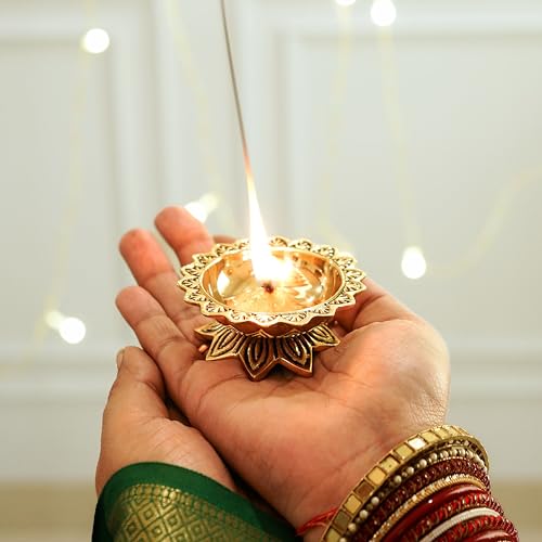Image of Behoma 100% Pure Brass Padma Diya Set of 2 for Puja | Traditional Handcrafted Lotus Shape Oil Lamp Diya for Home, Temple, Office, Pooja Room Decoration, Festive Rituals & Housewarming Gift Item