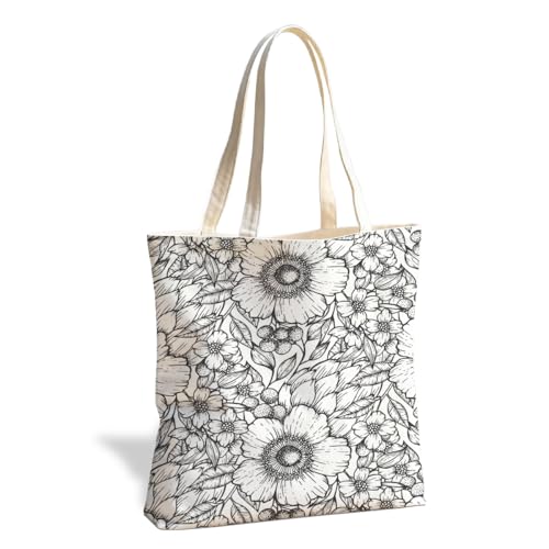 ERJHFGHU Sunflower Art Canvas Tote Bag, Black and White Flower Handbag, Minimalist Sunflower Floral Reusable Grocery Bag, Aesthetic Tote Bags for Daily Use Travel Shopping