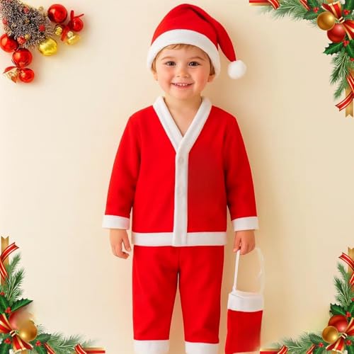 Image of PoPo Toys Santa Claus Costume for Christmas Children 9-13 Years| Red Santa Suit with Fur Trim, Belt, Hat & Beard | Fleece, Faux Fur | Xmas Party & Fancy Dress Outfit Size 4