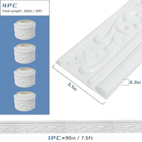 WAPANE 360" x 3.1" Peel Stick Foam Molding Trim Self Adhesive, Crown Molding Wallpaper Border Flexible, 3D Wall Edging Lines Foam Baseboard, Wall Trim for Home, White, 4PC by WAPANE - Image 2