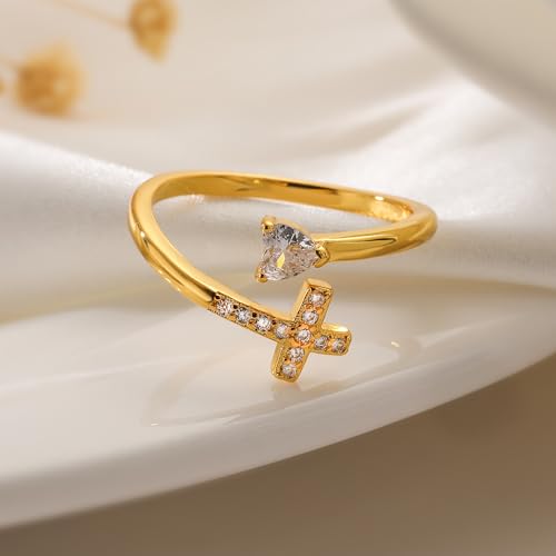 14K Gold Plated CZ Cross Heart Ring Eternity Promise Jewelry for Her3
