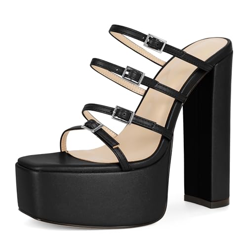 Esvowido Black Platform Block Heels for Women Open Square Toe Adjustable Straps Platform Mule High Heel Sandals US Size 9
