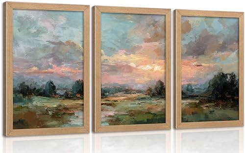 Framed Pastel Abstract Landscape Wall Art Set, Nature Sunset Scenery Painting Oil Painting Canvas Prints, Watercolor Rustic River Wall Decor, Farmhouse Soft Nature Poster Artwork for Living Room