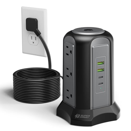 15Ft Extension Cord Power Strip Tower Surge Protector, Desktop Charging Station with Multiple Outlets, 9 Outlets, 4 USB (2 USB-C), 1080J, Multiple Protections Outlet Extender for Home, Office, Dorm