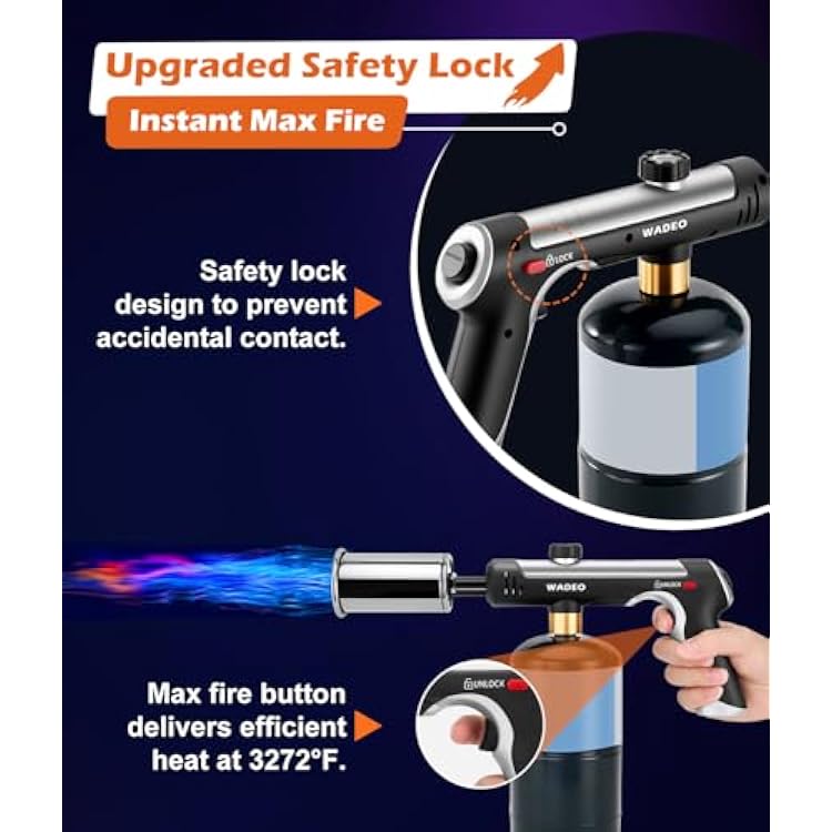 Powerful Propane Torch Gun with One-Touch Max Fire, Adjustable Flame Thrower Torch Charcoal Wood Campfire with Safety Lock, Cooking Grill Blow Torch for Searing Steak, BBQ, Grill, (Tank Not Included)