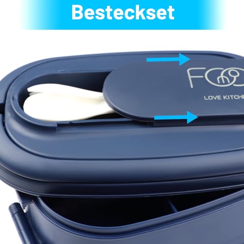 Foto von 2 Etagen Lunchbox für Erwachsene, 1550 ml Brotdose mit 3 Fächer (oben 2 Abteile, unten 1 Fach), Stapelbare Bento Box mit Löffel und Gabel, BPA-frei, mikrowellen- und spülmaschinenfest, Dunkelblau