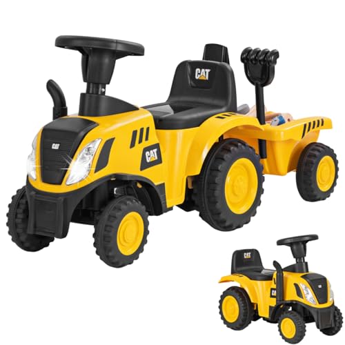 Maxmass Ride on Tractor and Trailer, Kids Sliding Toy Car with Detachable Trailer, LED Lights, Horn, Rake & Shovel, Foot to Floor Toddler Ride on Car for 12-36 Months Old (Yellow, 91 x 28 x 45cm)
