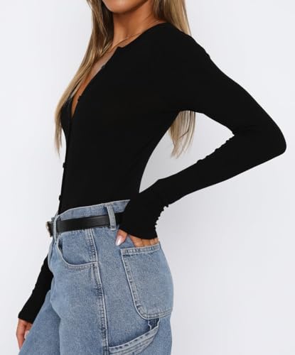 INFITTY Women Bodysuit Sexy Deep V Neck Button Down Long Sleeve Top 2024 Fall Trendy Thong Body Suits Outfits for Going Out4