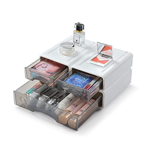 OSteed Stackable Desk Organiser Drawers, 3 Mixed Plastic Storage Drawer Units, Compact Desktop Storage Drawers A4 Paper, Stationary Organiser, Craft Drawers for Bathroom, Dorm & Office, White