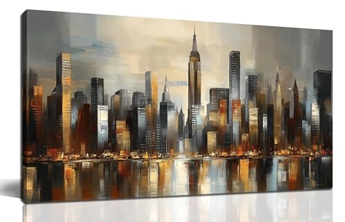 GUGIKA City Wall Art for Living Room, Gold and Grey