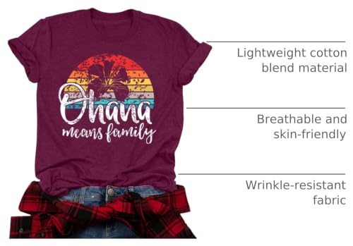 Image of Ohana Means Family Tshirt Women: Hawaii Tropical Graphic T-Shirt Summer Vacation Short Sleeve Tee Top