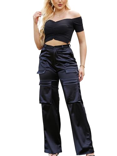 Womens High Waisted Satin Cargo Pants Loose Fit Wide Leg Trousers with Pockets Trendy Outfit