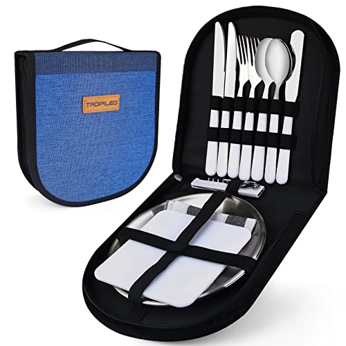 Camping Mess Kit,12 Piece Silverware Kit Cutlery Organizer Utensil Picnic Set,Camping Dishes For 2, Stainless Steel Plate Spoon Fork Serrated & Butter Knife Wine Opener Napkin，Camp Kitchen & Hiking #TOP5