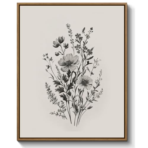 Framed Neutral Floral Botanical Canvas Wall Art Black Grey Sketch Flowers Painting Picture Minimalist Plants Wall Decor Framed and Ready to Hang for Living Room Bedroom Bathroom Home Office, 8x10 Inch